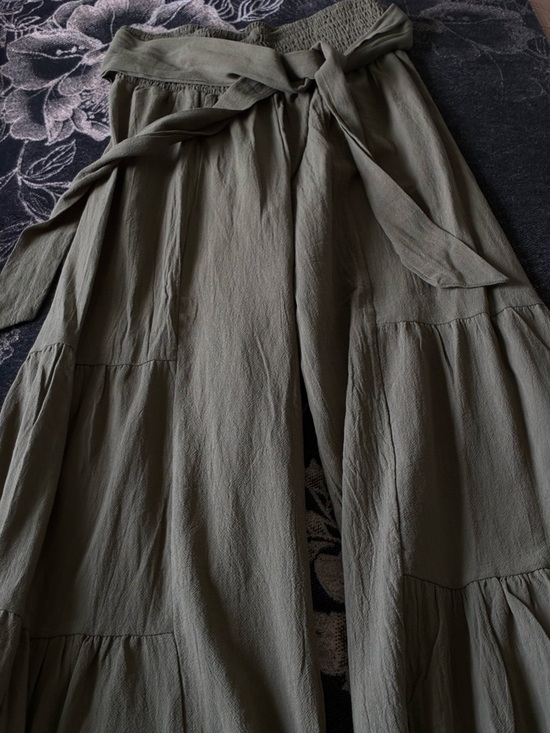Pants - Cotton and Linen Blend Olive Green Tie-Waist Wide Leg Pants